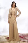 Samyukta Singhania_Beige Georgette Embroidery Round Neck, Cape And Sharara Set _Online