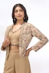 Shop_Samyukta Singhania_Beige Georgette Embroidery Round Neck, Cape And Sharara Set _Online