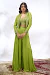 Buy_Samyukta Singhania_Green Georgette Embroidery, Beads, Sequins Open Neck, Floral Jacket Sharara Set _at_Aza_Fashions