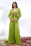 Samyukta Singhania_Green Georgette Embroidery, Beads, Sequins Open Neck, Floral Jacket Sharara Set _at_Aza_Fashions