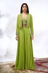 Samyukta Singhania_Green Georgette Embroidery, Beads, Sequins Open Neck, Floral Jacket Sharara Set _Online