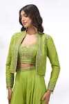 Buy_Samyukta Singhania_Green Georgette Embroidery, Beads, Sequins Open Neck, Floral Jacket Sharara Set _Online