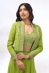 Shop_Samyukta Singhania_Green Georgette Embroidery, Beads, Sequins Open Neck, Floral Jacket Sharara Set _Online