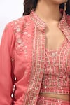 Samyukta Singhania_Peach Georgette Embroidery Mandarin Collar, V-neck Floral Jacket Sharara Set _Online_at_Aza_Fashions