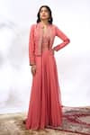Buy_Samyukta Singhania_Peach Georgette Embroidery Mandarin Collar, V-neck Floral Jacket Sharara Set _Online_at_Aza_Fashions