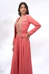 Buy_Samyukta Singhania_Peach Georgette Embroidery Mandarin Collar, V-neck Floral Jacket Sharara Set 