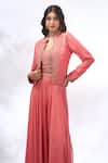 Samyukta Singhania_Peach Georgette Embroidery Mandarin Collar, V-neck Floral Jacket Sharara Set _Online