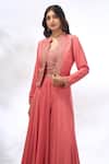 Buy_Samyukta Singhania_Peach Georgette Embroidery Mandarin Collar, V-neck Floral Jacket Sharara Set _Online