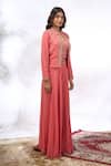 Samyukta Singhania_Peach Georgette Embroidery Mandarin Collar, V-neck Floral Jacket Sharara Set 