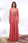 Samyukta Singhania_Peach Georgette Embroidery Mandarin Collar, V-neck Floral Jacket Sharara Set 