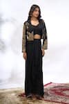 Shop Samyukta Singhania Black Georgette Collared, Sweetheart Neck Embroidered Cape And Skirt Set Online Shop_Samyukta Singhania_Black Georgette Collared, Sweetheart Neck Embroidered Cape And Skirt Set _Online