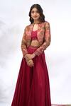 Samyukta Singhania Red Georgette Embroidery Round , Sweetheart Jacket And Pant Set Online Samyukta Singhania_Red Georgette Embroidery Round , Sweetheart Jacket And Pant Set _Online