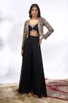 Buy_Samyukta Singhania_Black Georgette Embroidery, Sequins V-neck, Sweetheart Floral Jacket Skirt Set _at_Aza_Fashions