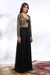 Shop_Samyukta Singhania_Black Georgette Embroidery, Sequins V-neck, Sweetheart Floral Jacket Skirt Set _Online_at_Aza_Fashions