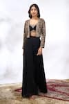 Shop_Samyukta Singhania_Black Georgette Embroidery, Sequins V-neck, Sweetheart Floral Jacket Skirt Set 