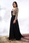 Samyukta Singhania_Black Georgette Embroidery, Sequins V-neck, Sweetheart Floral Jacket Skirt Set _Online