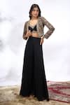Buy_Samyukta Singhania_Black Georgette Embroidery, Sequins V-neck, Sweetheart Floral Jacket Skirt Set _Online