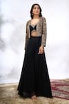 Shop_Samyukta Singhania_Black Georgette Embroidery, Sequins V-neck, Sweetheart Floral Jacket Skirt Set _Online