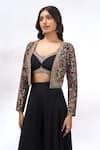 Samyukta Singhania_Black Georgette Embroidery, Sequins V-neck, Sweetheart Floral Jacket Skirt Set 