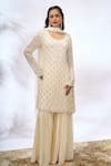 Shop_Samyukta Singhania_Ivory Georgette Embroidery, Sequins Round Neck Work Kurta Set _Online_at_Aza_Fashions