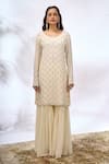 Samyukta Singhania_Ivory Georgette Embroidery, Sequins Round Neck Work Kurta Set _at_Aza_Fashions