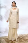 Samyukta Singhania_Ivory Georgette Embroidery, Sequins Round Neck Work Kurta Set _Online