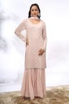 Buy_Samyukta Singhania_Peach Georgette Sequins, Embroidery Round Neck Work Kurta Set _at_Aza_Fashions