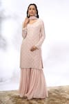 Shop_Samyukta Singhania_Peach Georgette Sequins, Embroidery Round Neck Work Kurta Set _Online_at_Aza_Fashions