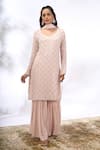 Buy_Samyukta Singhania_Peach Georgette Sequins, Embroidery Round Neck Work Kurta Set _Online