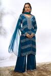 Shop_Samyukta Singhania_Blue Georgette Embroidery, Sequins V-neck Work Kurta Set _Online