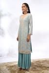 Shop_Samyukta Singhania_Sky Blue Georgette Embroidery, Sequins Split V-neck Chevron Work Kurta Set _Online_at_Aza_Fashions