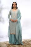 Shop_Samyukta Singhania_Sky Blue Georgette Embroidery, Sequins Split V-neck Chevron Work Kurta Set 