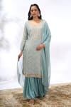 Samyukta Singhania_Sky Blue Georgette Embroidery, Sequins Split V-neck Chevron Work Kurta Set 