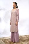 Shop_Samyukta Singhania_Lilac Georgette Embroidery Split V-neck Chevron Work Kurta Set _Online_at_Aza_Fashions