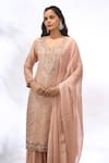 Samyukta Singhania_Peach Georgette Embroidery V-neck Chevron Work Kurta Set _Online_at_Aza_Fashions