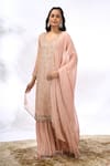 Samyukta Singhania_Peach Georgette Embroidery V-neck Chevron Work Kurta Set _Online