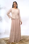 Buy_Samyukta Singhania_Beige Georgette Embroidery, Sequins Round , Boat Work Jacket And Pant Set _at_Aza_Fashions