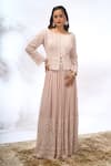 Shop_Samyukta Singhania_Beige Georgette Embroidery, Sequins Round , Boat Work Jacket And Pant Set 