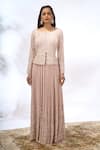 Samyukta Singhania_Beige Georgette Embroidery, Sequins Round , Boat Work Jacket And Pant Set _Online
