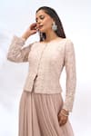 Buy_Samyukta Singhania_Beige Georgette Embroidery, Sequins Round , Boat Work Jacket And Pant Set _Online