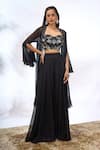 Samyukta Singhania_Black Georgette Beads, Sequins Open Neck, Sweetheart Embroidered Jacket Pant Set 