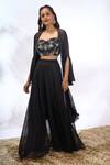 Samyukta Singhania_Black Georgette Beads, Sequins Open Neck, Sweetheart Embroidered Jacket Pant Set 