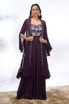 Samyukta Singhania_Purple Georgette Embroidery, Sequins V-, Sweetheart Jacket Pant Set _at_Aza_Fashions