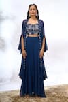 Shop_Samyukta Singhania_Blue Georgette Beads, Embroidery, Sequins Open Neck, Sweetheart Jacket Pant Set 