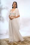 Samyukta Singhania_White Georgette Embroidery Open , Sweetheart Sheer Jacket And Pant Set _at_Aza_Fashions