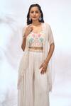 Samyukta Singhania_White Georgette Embroidery Open , Sweetheart Sheer Jacket And Pant Set 