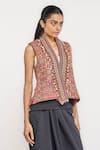 Buy_Ott_Red Cotton, Silk V-neck Kutch Patchwork Gilet Jacket _Online_at_Aza_Fashions