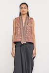 Buy_Ott_Red Cotton, Silk V-neck Kutch Patchwork Gilet Jacket _at_Aza_Fashions