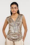Buy_Ott_Green Silk Beads, Sequins V-neck Mosaic Organza Top _at_Aza_Fashions