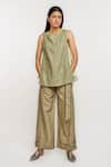Ott_Olive Green Linen Boat Neck Kantha Colourblock Top _Online_at_Aza_Fashions